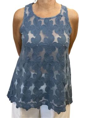 Bella Amore Dusty Blue Floral Lace Mesh Top Open Back Size M